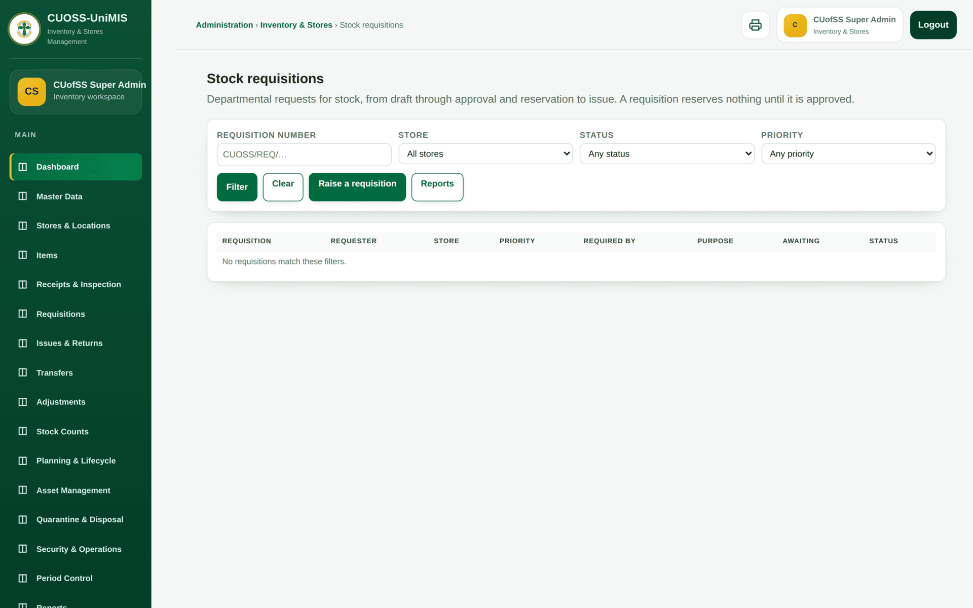The Inventory Requisitions screen listing internal requests for stock with their approval status.