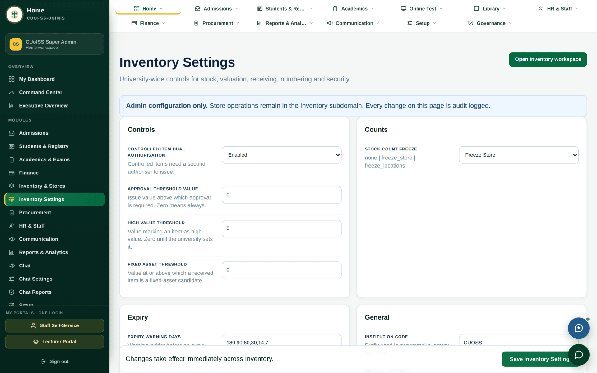 The Inventory Settings screen with module configuration.