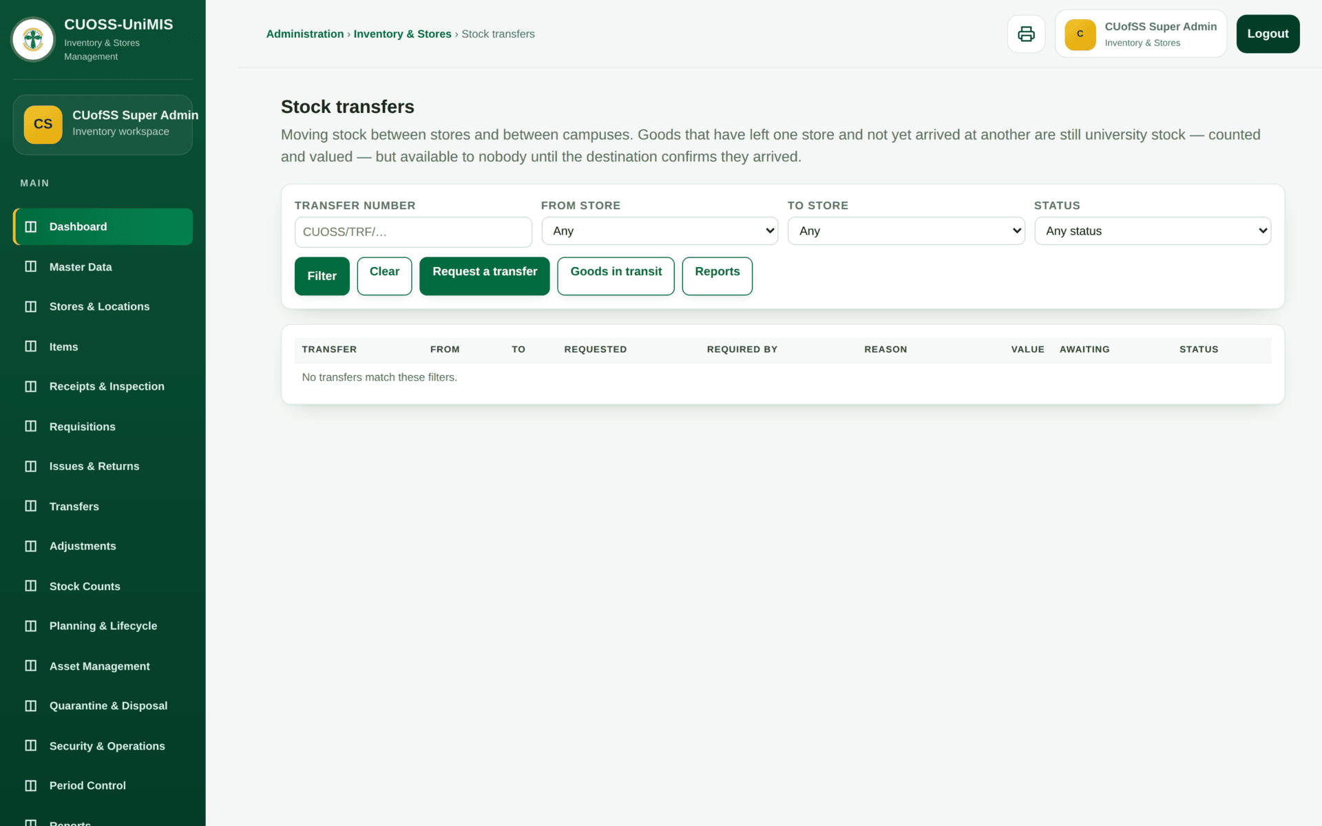 The Transfers screen showing stock moving between stores, including a transit view.