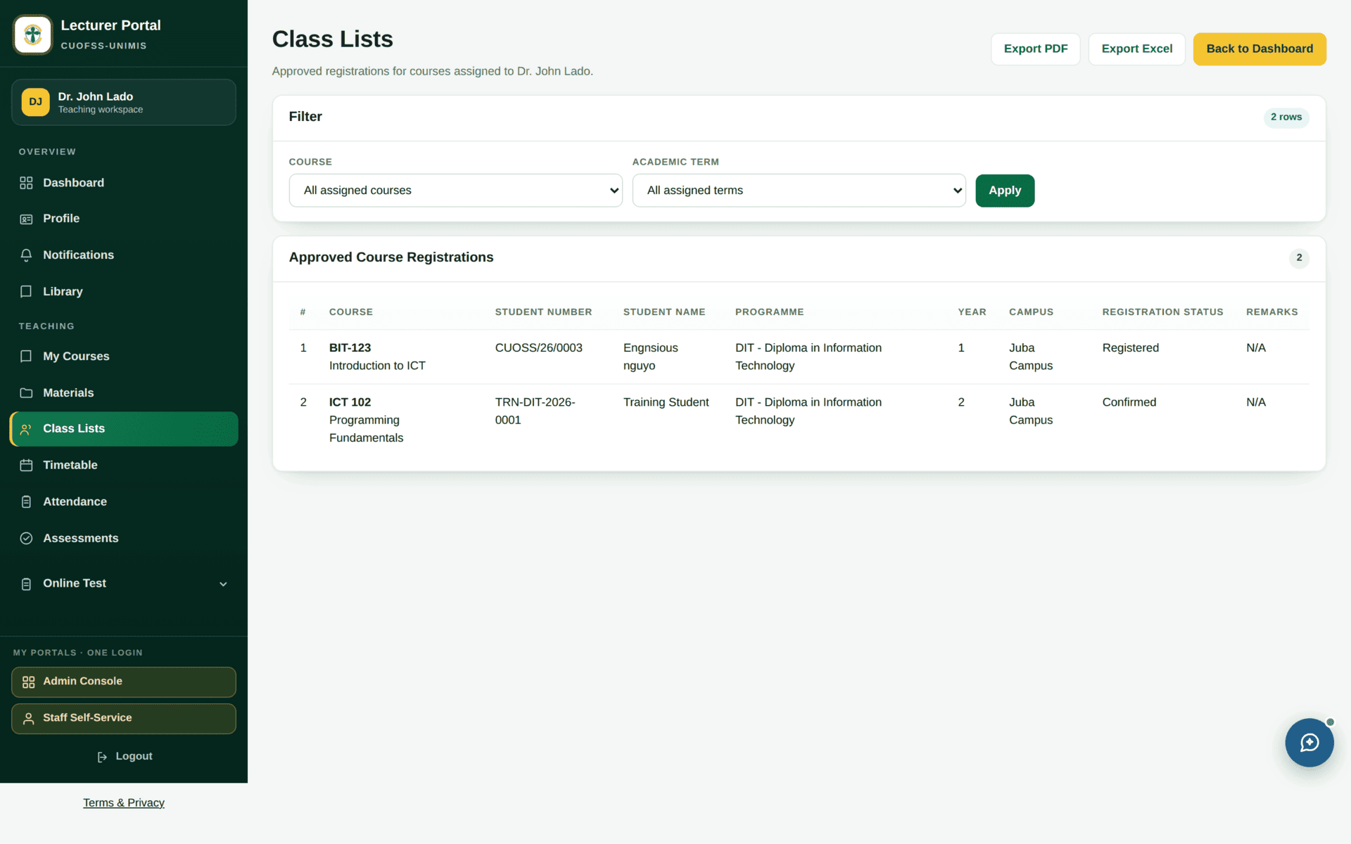The Class Lists screen showing the official registered students for a selected course, with Excel and PDF export buttons.