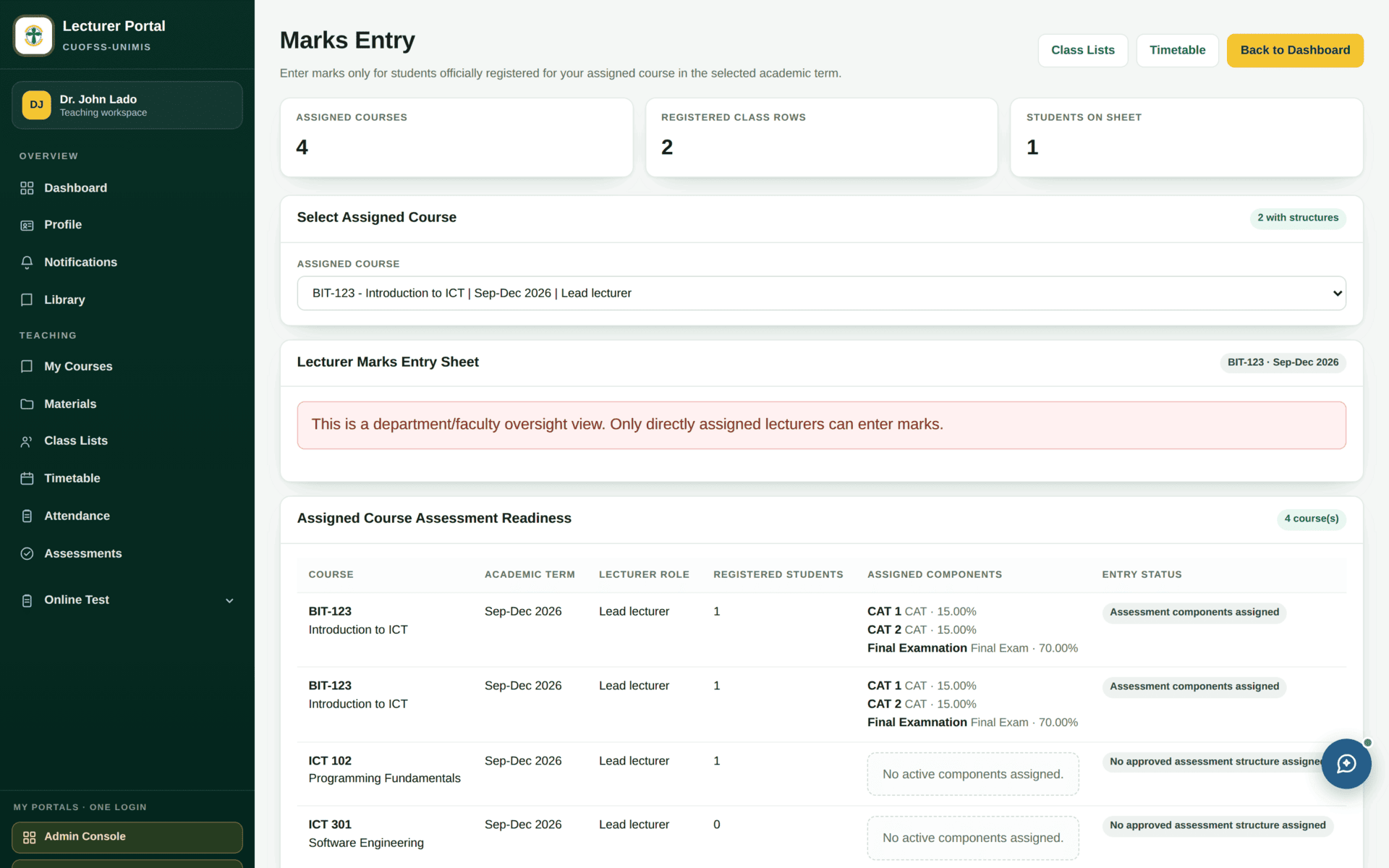 The Marks Entry screen with the class list down the side and assessment components across the top.