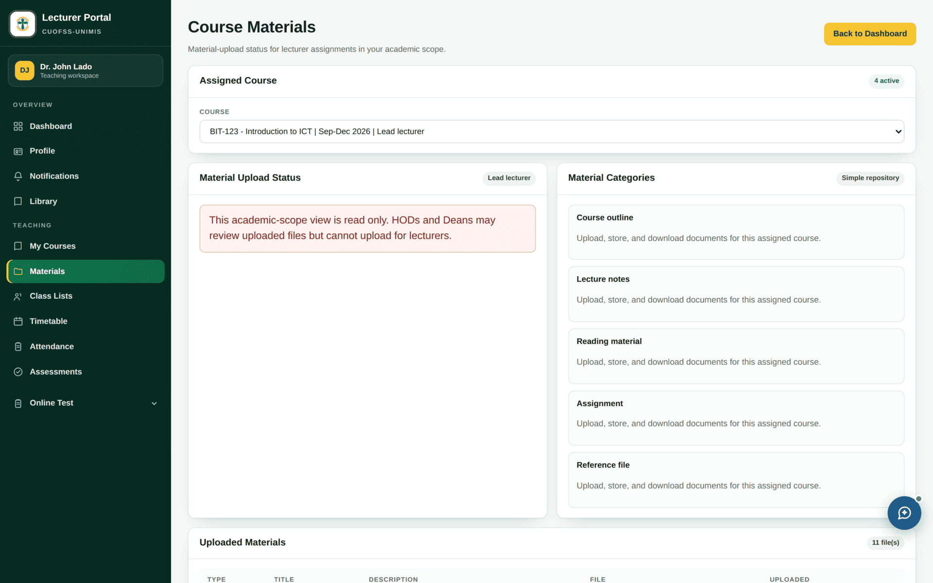 The Materials screen for uploading and managing course materials.