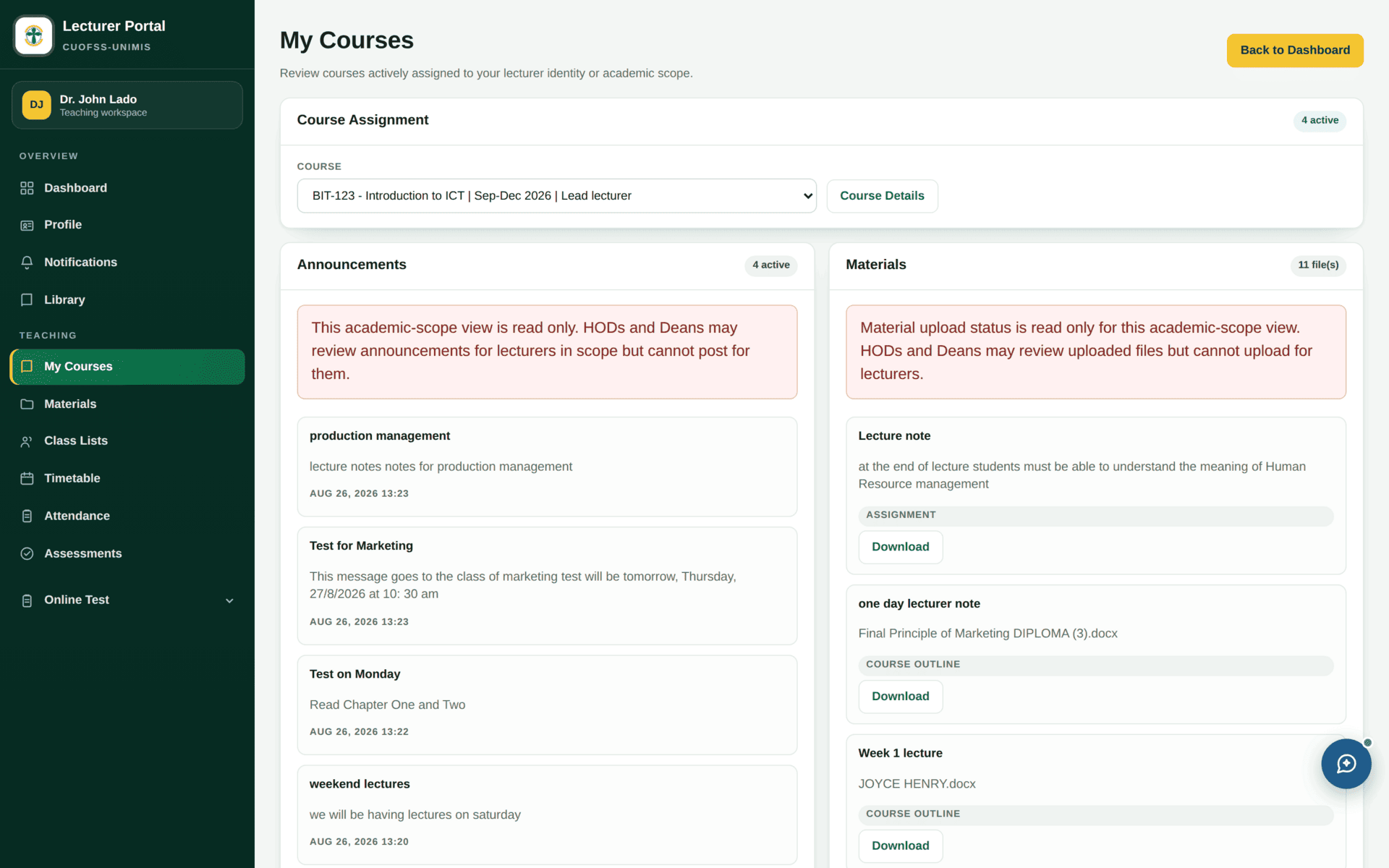 The lecturer's My Courses / teaching screen listing assigned courses with programme, term and student counts.