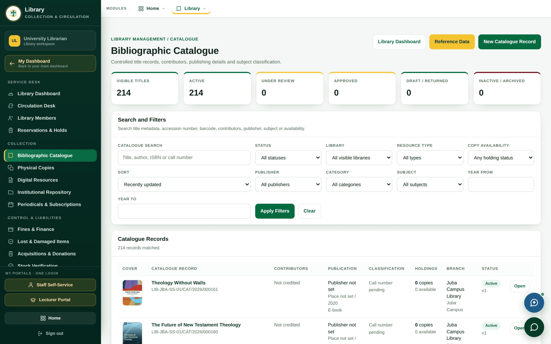 The Bibliographic Catalogue listing titles with author, classification and copy counts.