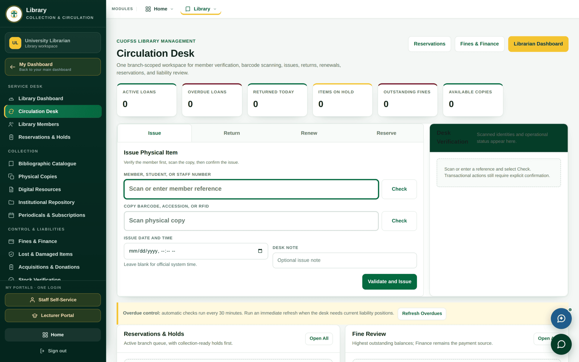 The Circulation Desk screen for issuing and returning items to members.