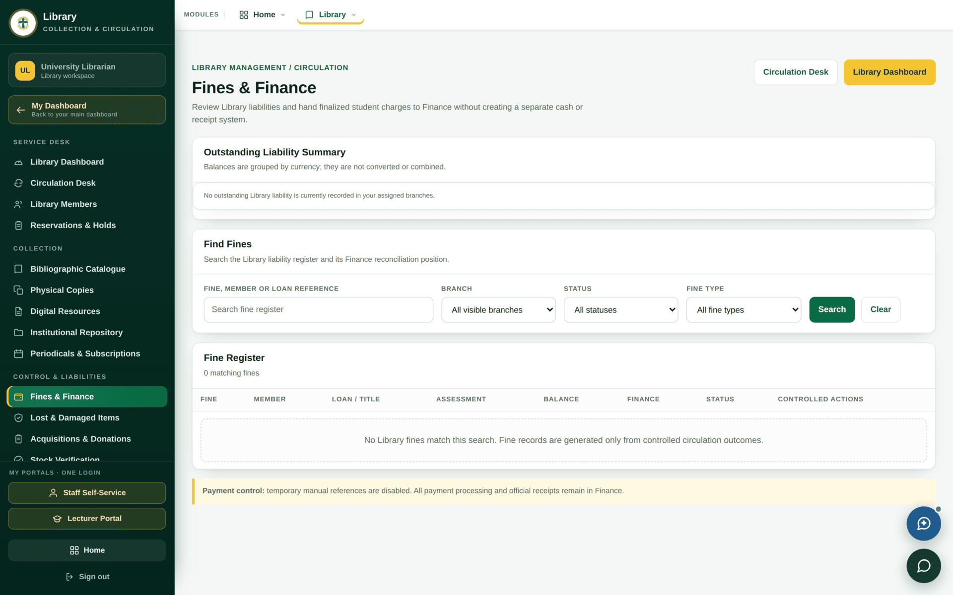 The Fines and Finance screen listing library fines by member with their status.
