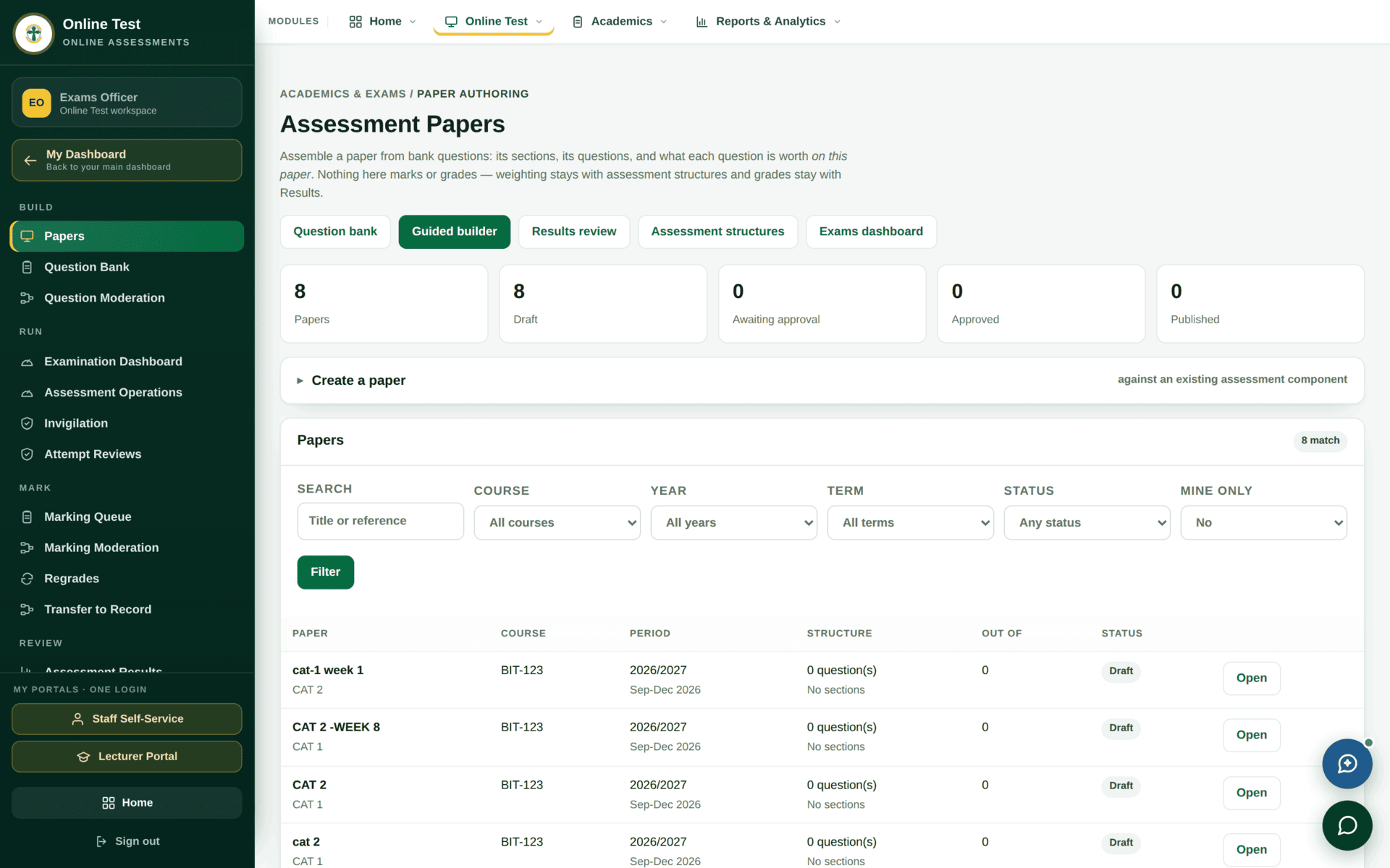 The Assessment Papers screen: sidebar groups BUILD, RUN, MARK and REVIEW; tabs for question bank, guided builder, results review, assessment structures and exams dashboard; five tiles counting papers, draft, awaiting approval, approved and published; a Create a paper panel; and a filtered table of papers with course, period, structure, out-of and status columns.