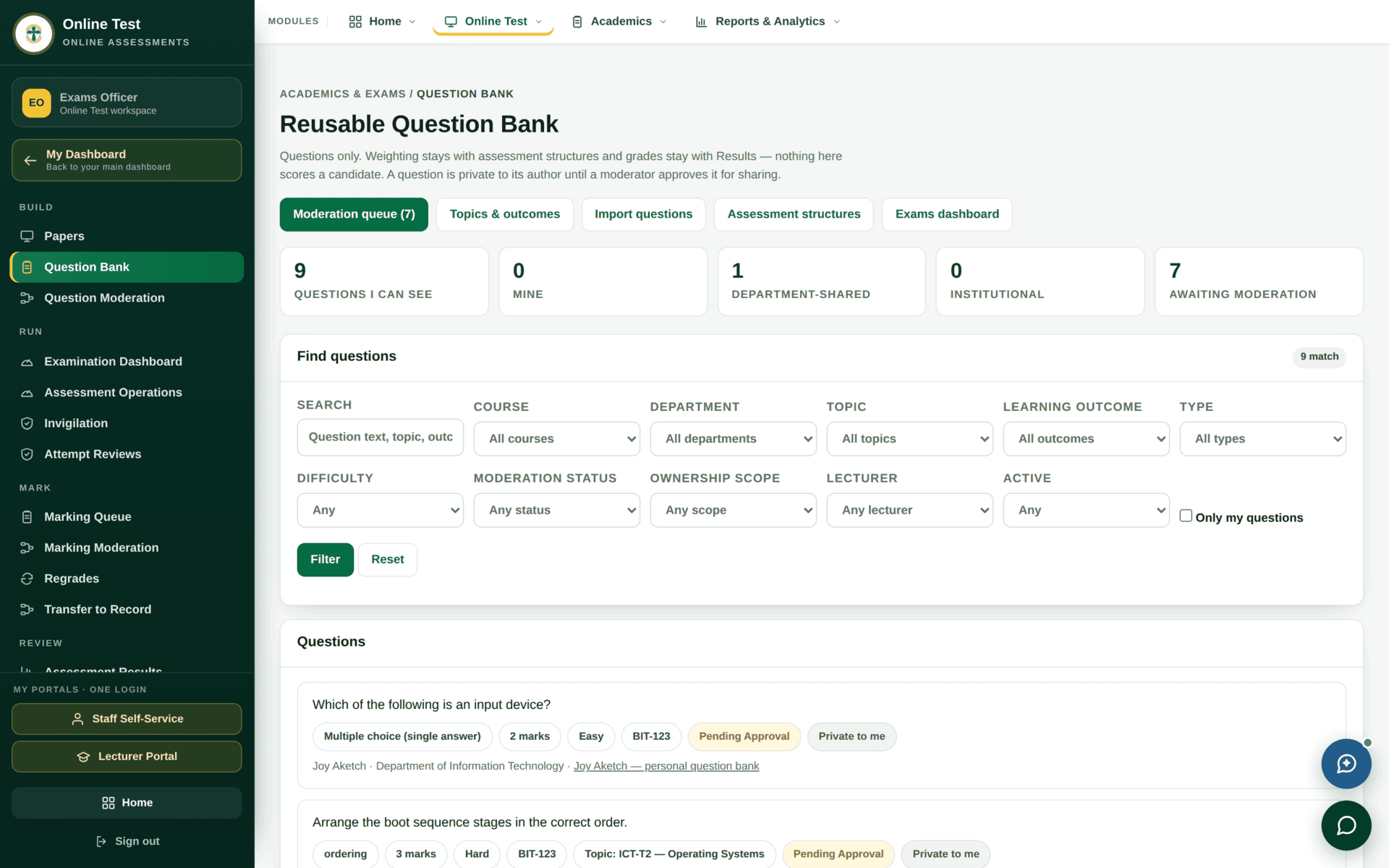 The Question Bank screen listing questions with their type, topic, difficulty and moderation status.