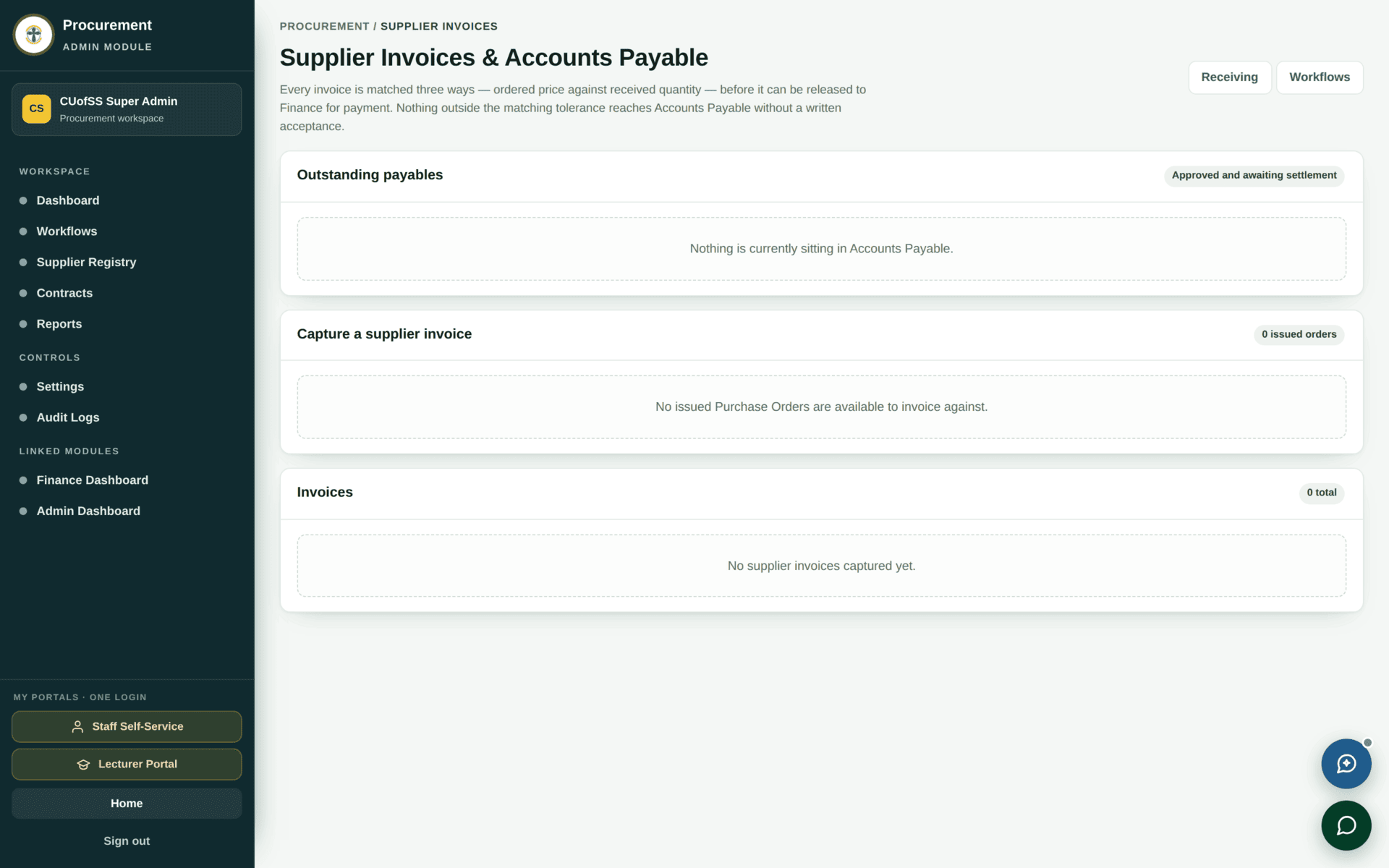 The Supplier Invoices screen listing invoices awaiting finance approval.