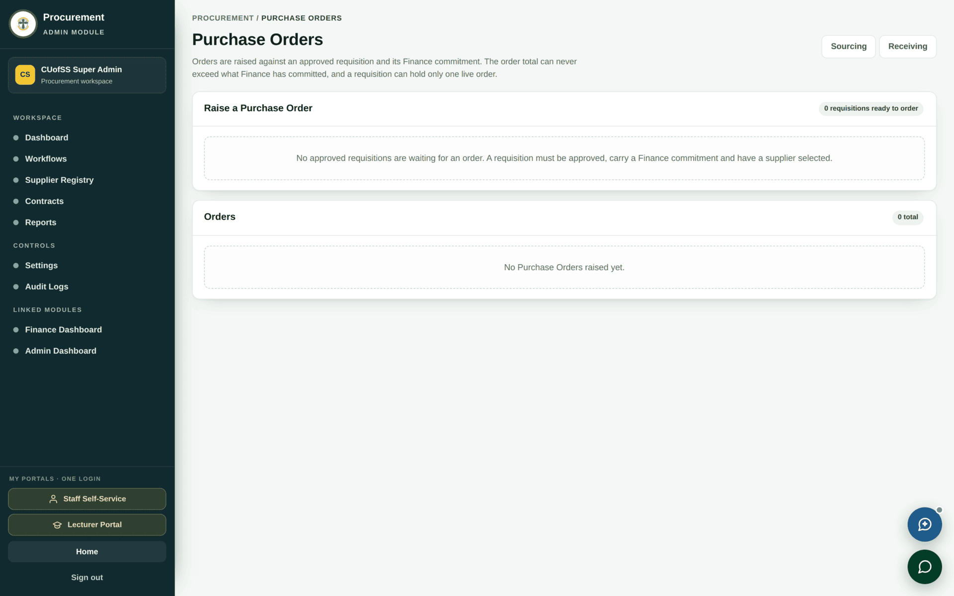 The Purchase Orders screen listing orders with supplier, value and status.