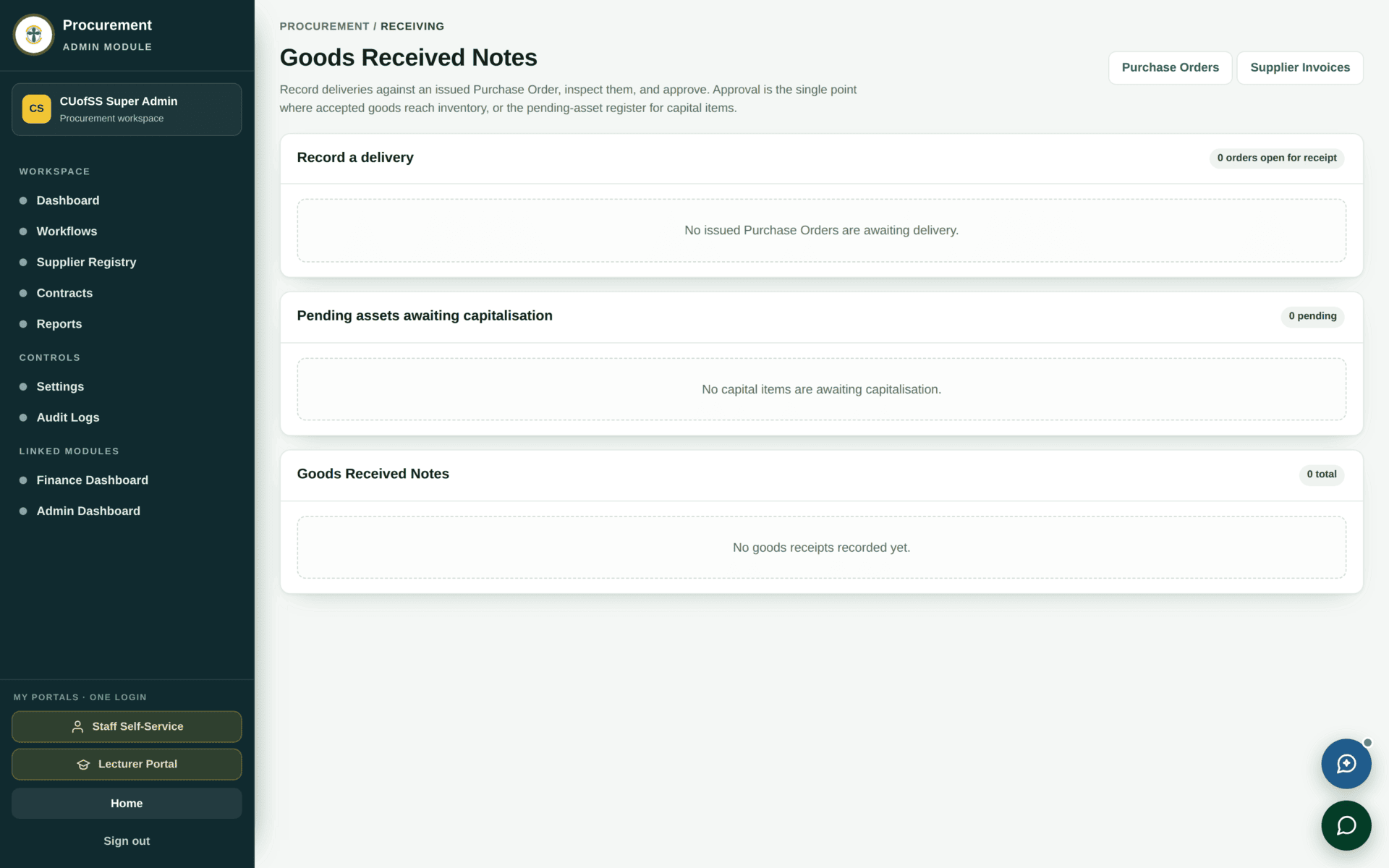 The Receiving screen for recording goods received against a purchase order.