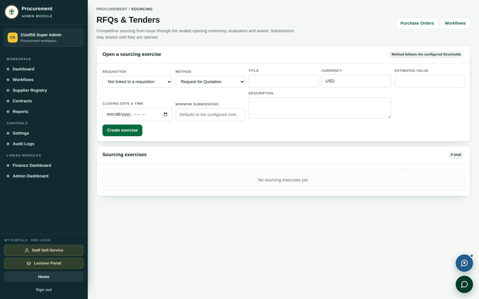 The Sourcing screen listing requests for quotation and their responses.