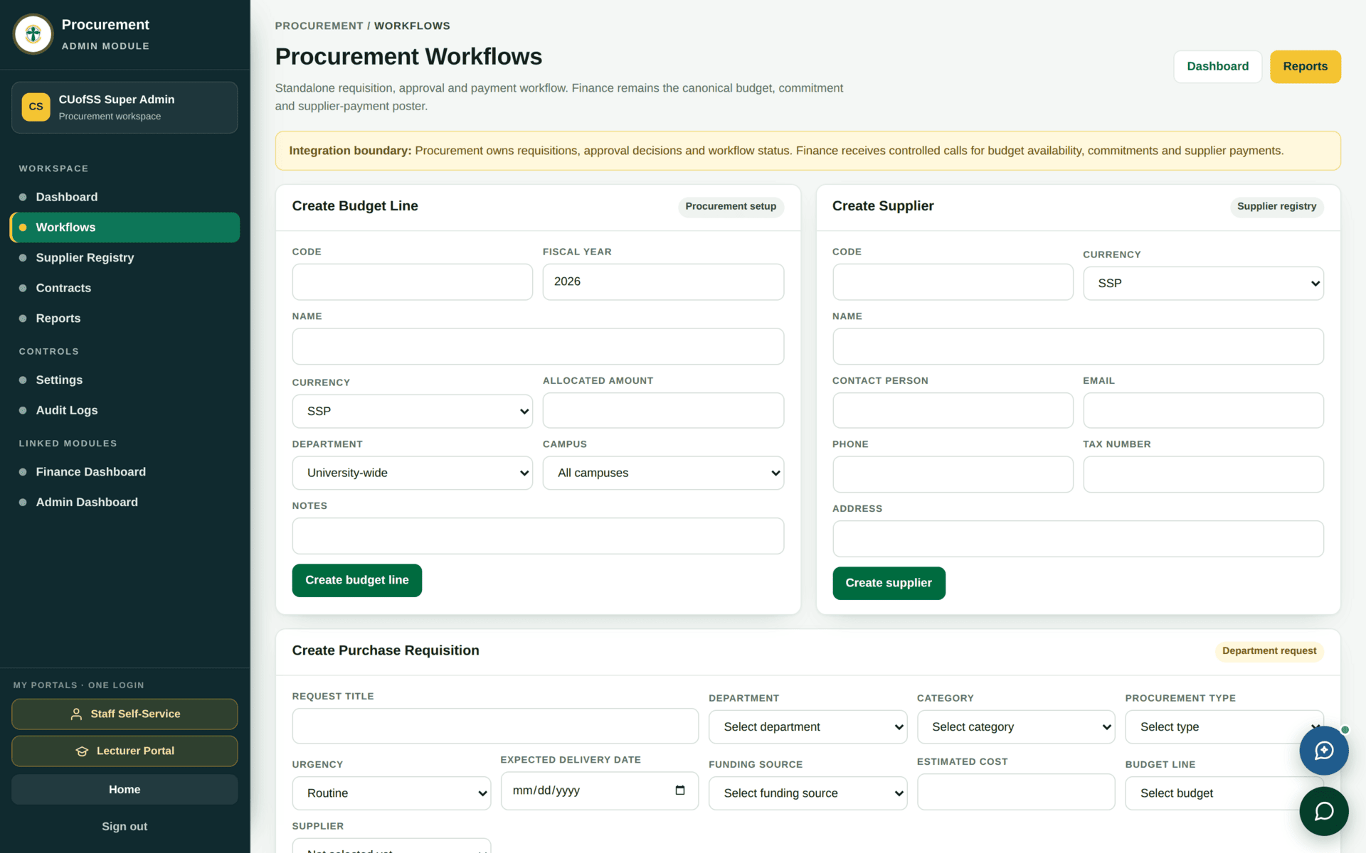 The Procurement Workflows screen defining approval stages and thresholds.