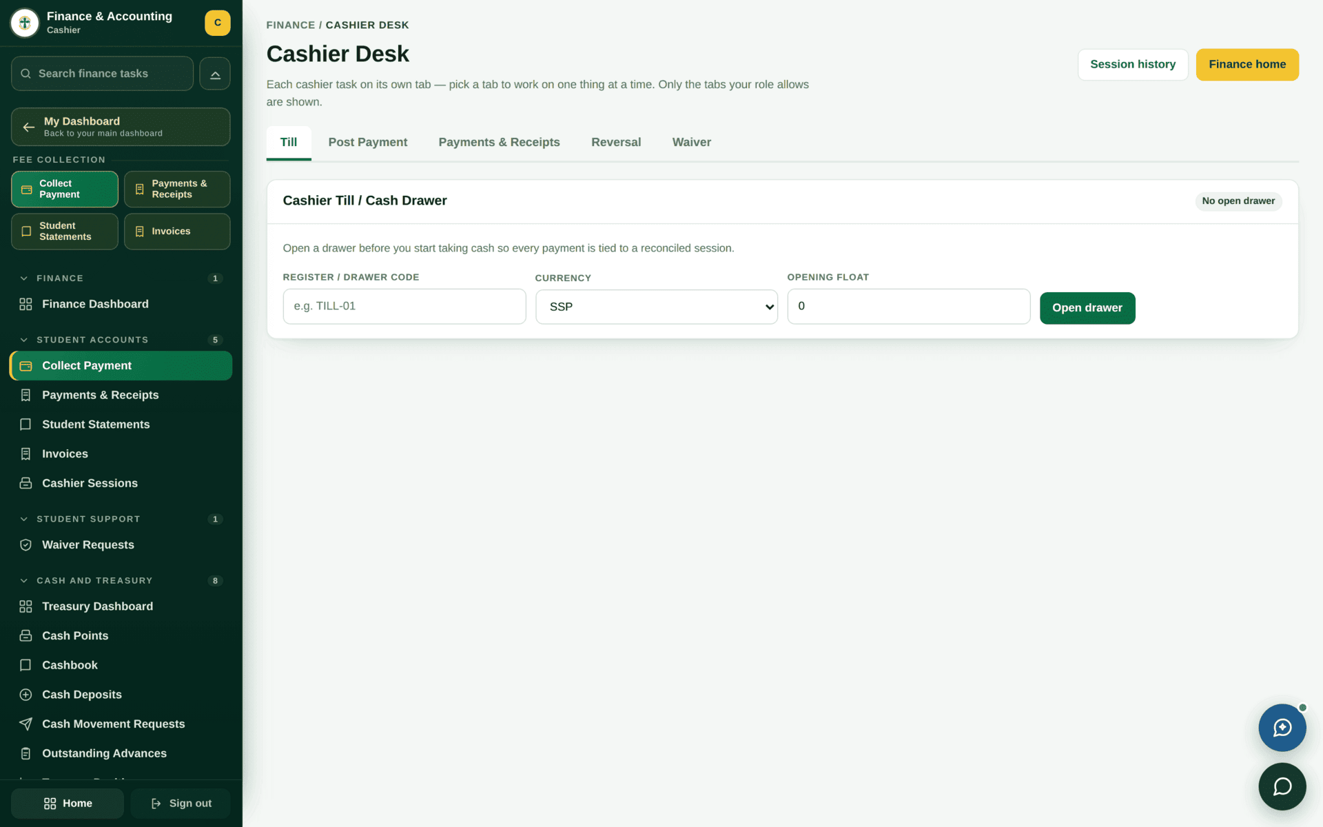 The Cashier Desk screen with a finance-only sidebar and tabs for Till, Post Payment, Payments and Receipts, Reversal and Waiver.