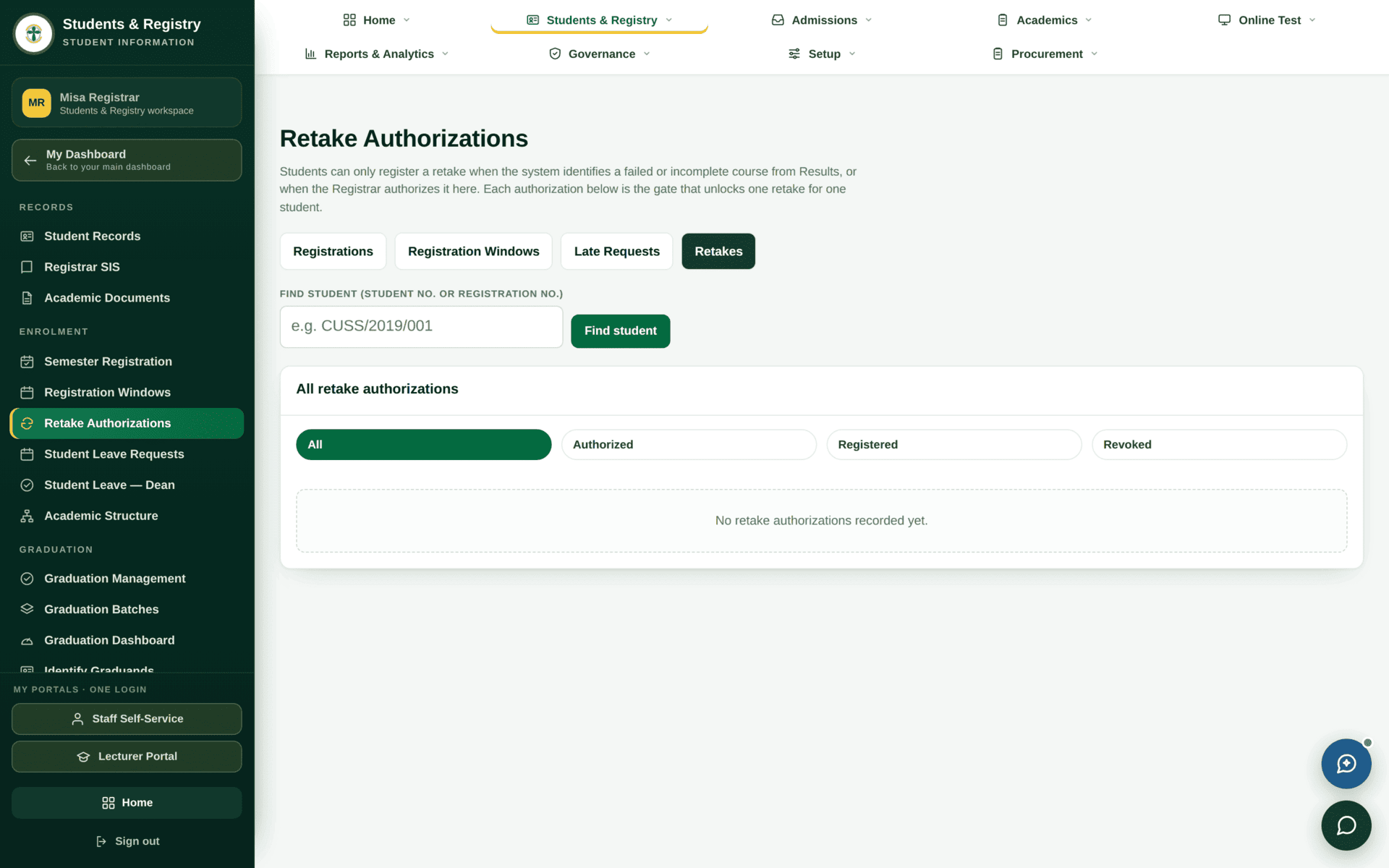 The Retake Authorizations screen listing students, the courses they failed and the authorisation decision.