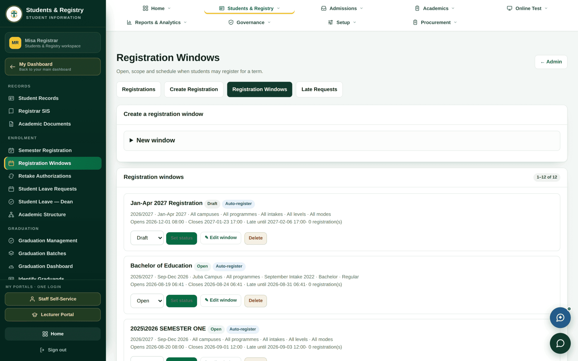 The Registration Windows screen listing windows, each with a name, a Draft or Open badge, an Auto-register badge, its scope across year, term, campus, programme, intake, level and mode, and its opening, closing and late-until times.