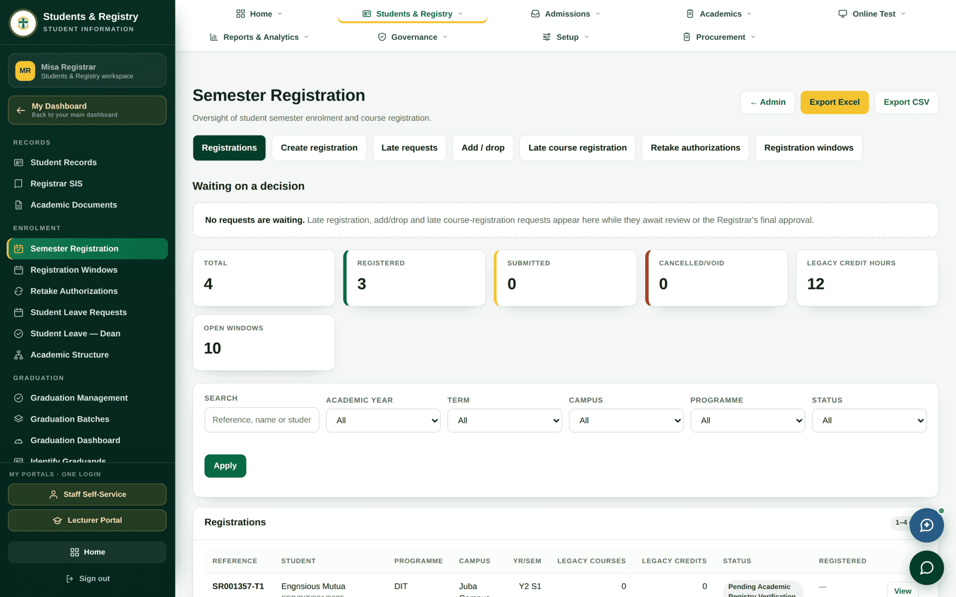 The Semester Registration screen with seven tabs — Registrations, Create registration, Late requests, Add/drop, Late course registration, Retake authorizations and Registration windows — a Waiting on a decision panel, six stat tiles, a filter strip and the registrations table.