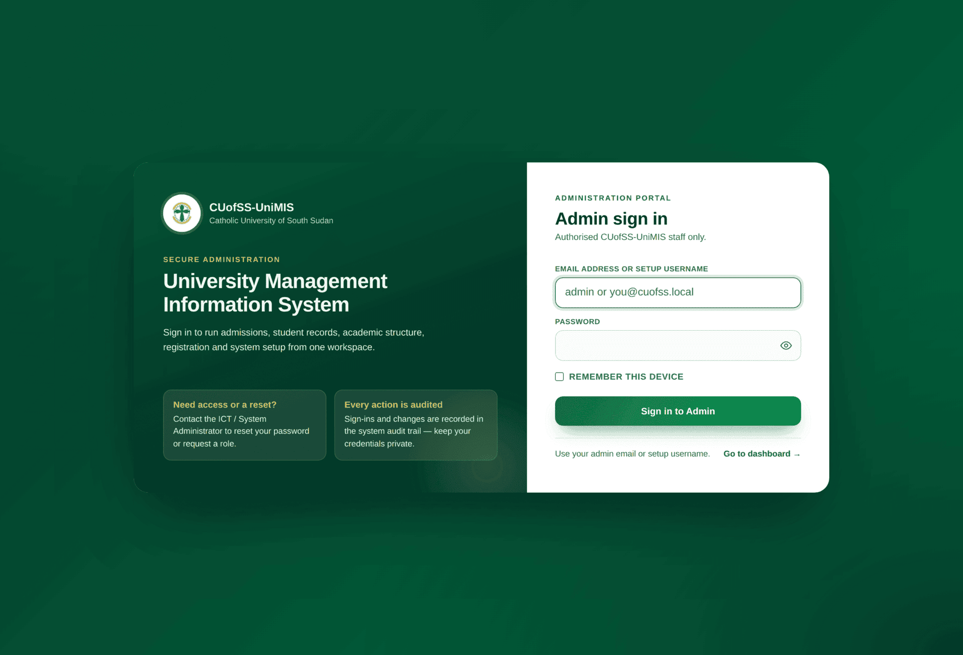 The admin sign-in page: a green panel explaining the system on the left, and a white card on the right with Email address or setup username, Password, Remember this device and a Sign in to Admin button.