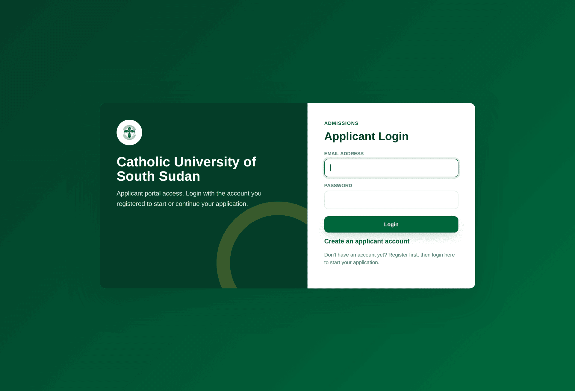 The applicant portal sign-in card with email and password fields and a link to create an account.