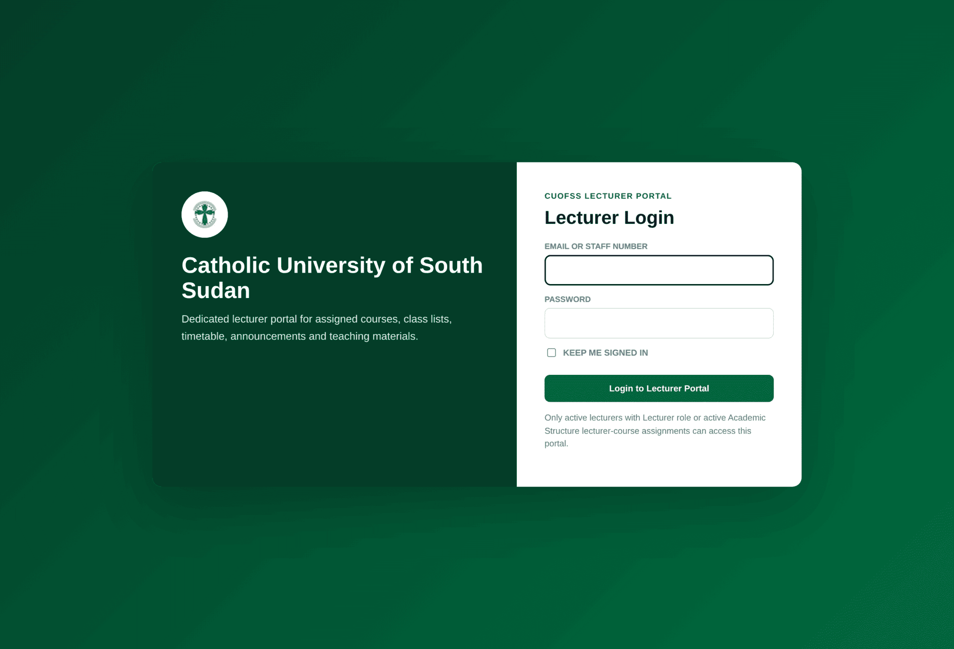 The lecturer portal sign-in card asking for a lecturer email or staff number and a password.