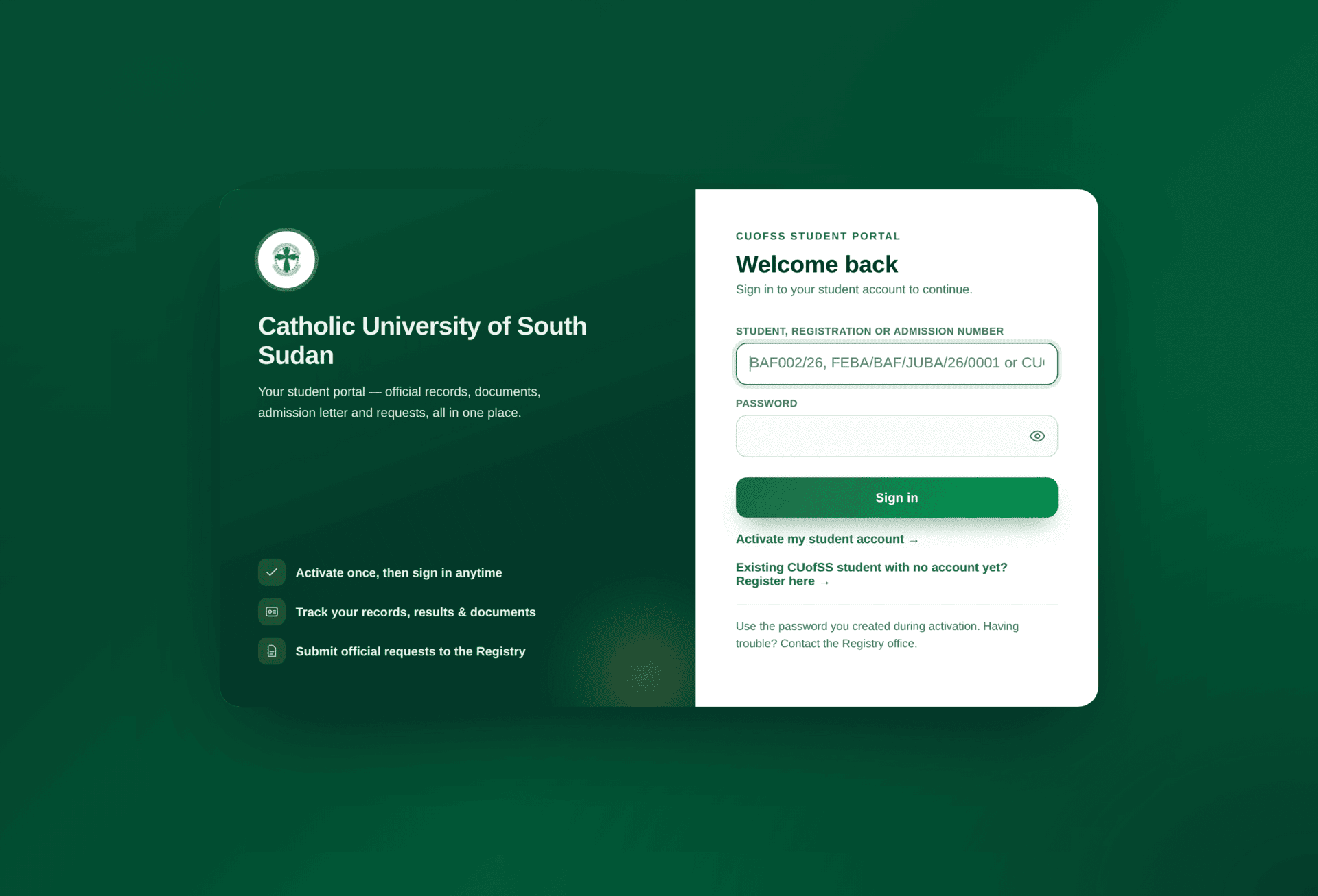 The student portal sign-in card asking for Student number and Password.