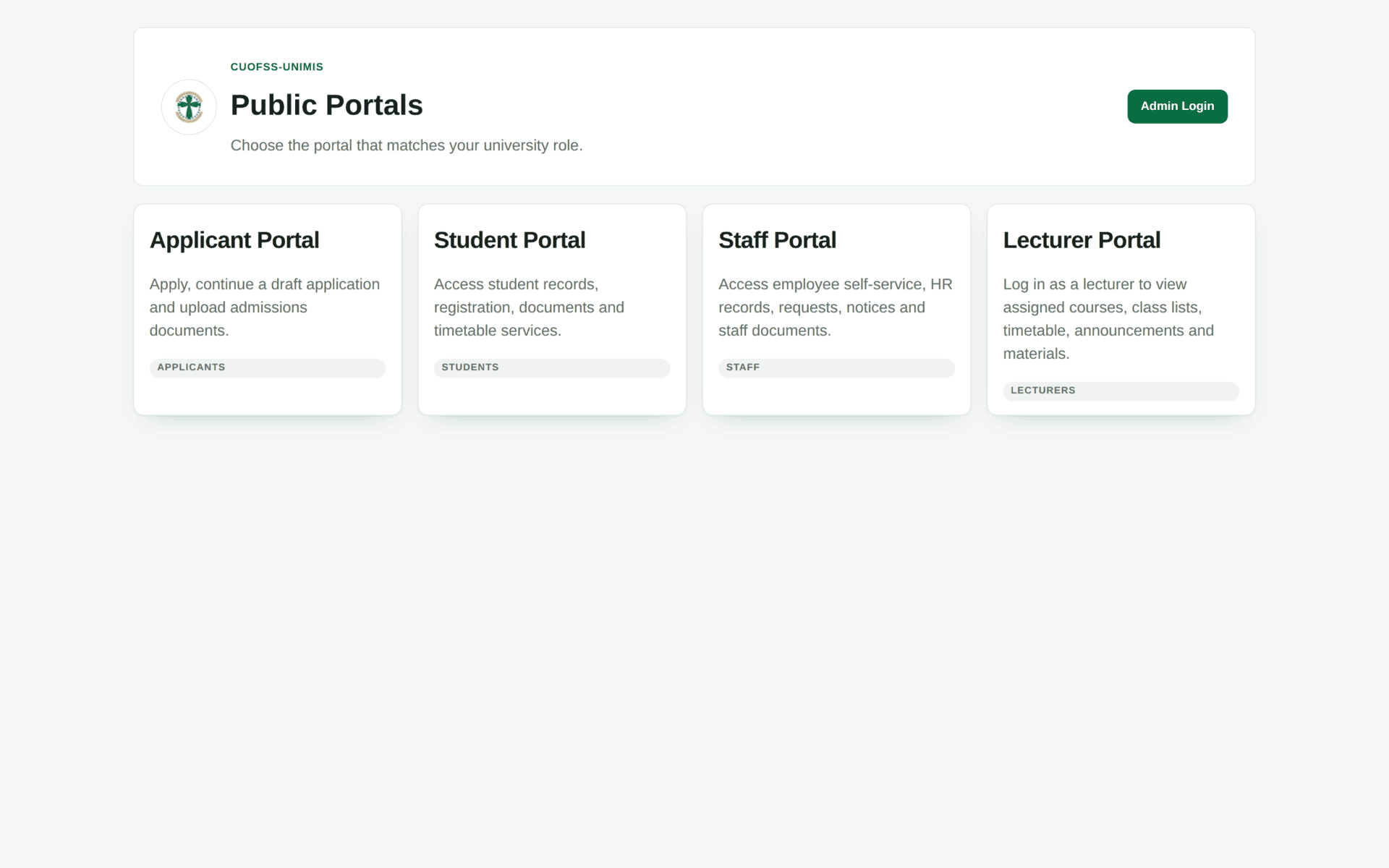 The Public Portals page showing cards for Applicant, Student, Staff and Lecturer portals, with an Admin Login button top right.