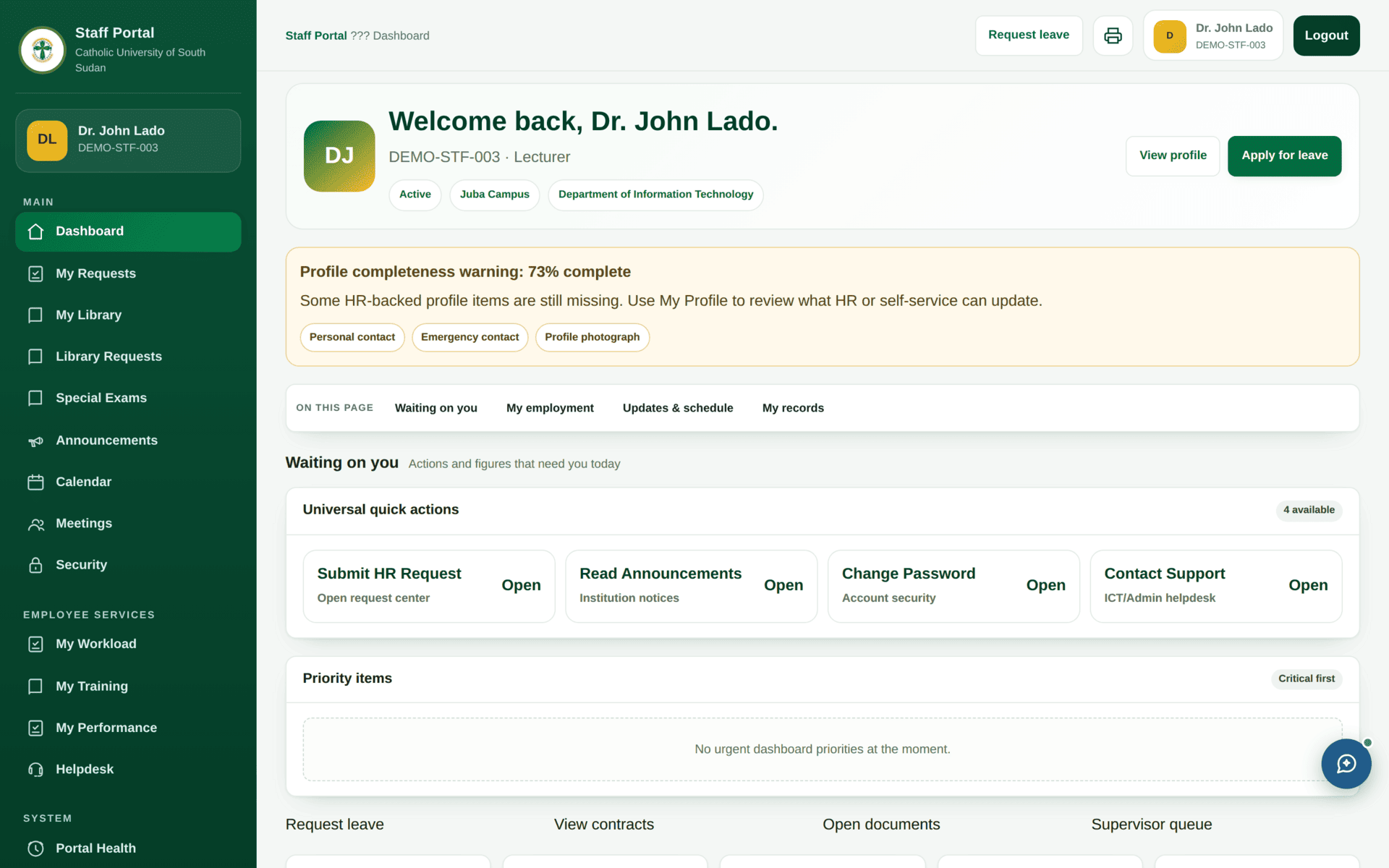The Staff Dashboard showing the employee's identity, staff number and the sidebar groups MAIN, EMPLOYEE SERVICES and SYSTEM.