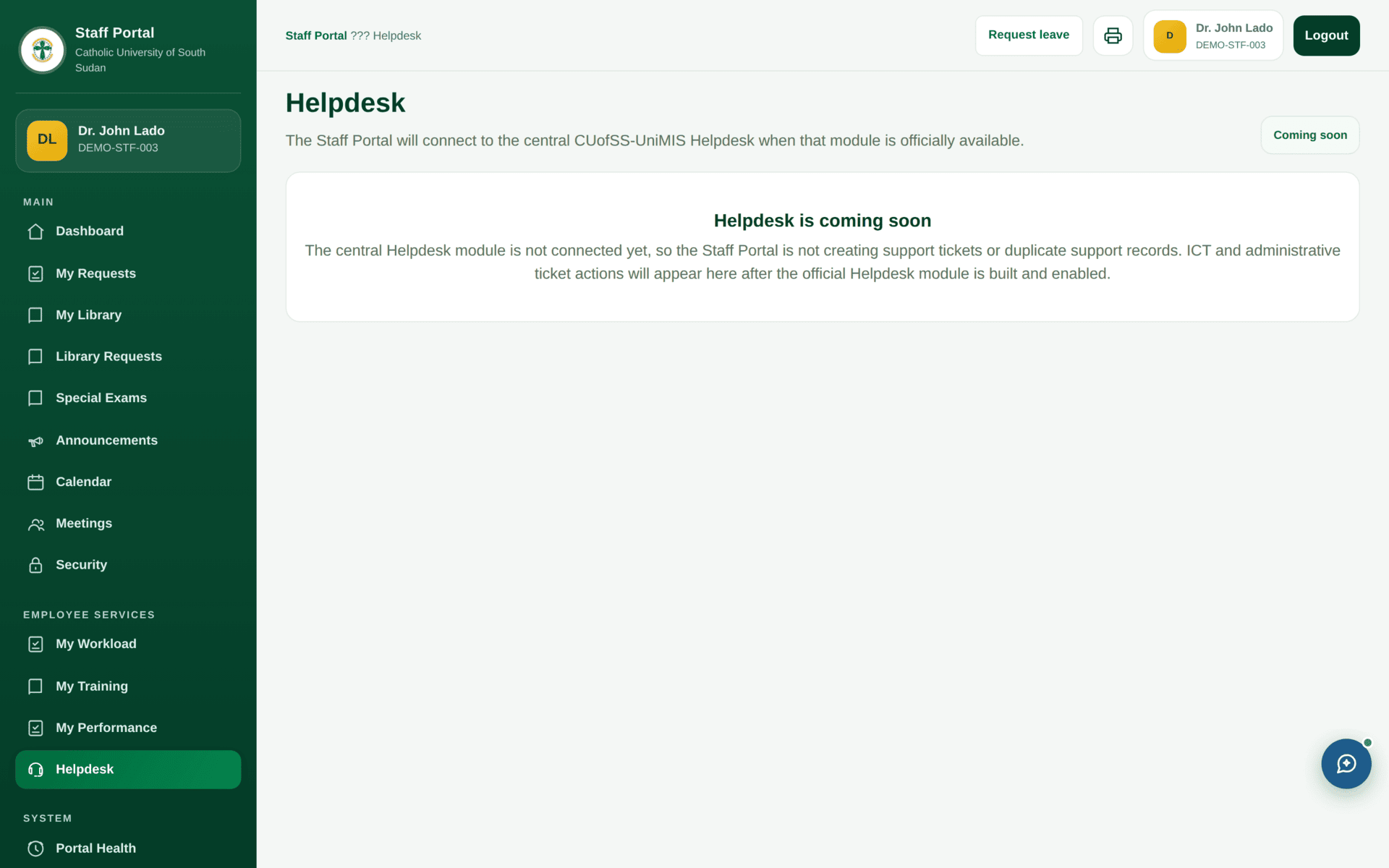 The staff Helpdesk screen for raising and tracking support tickets.