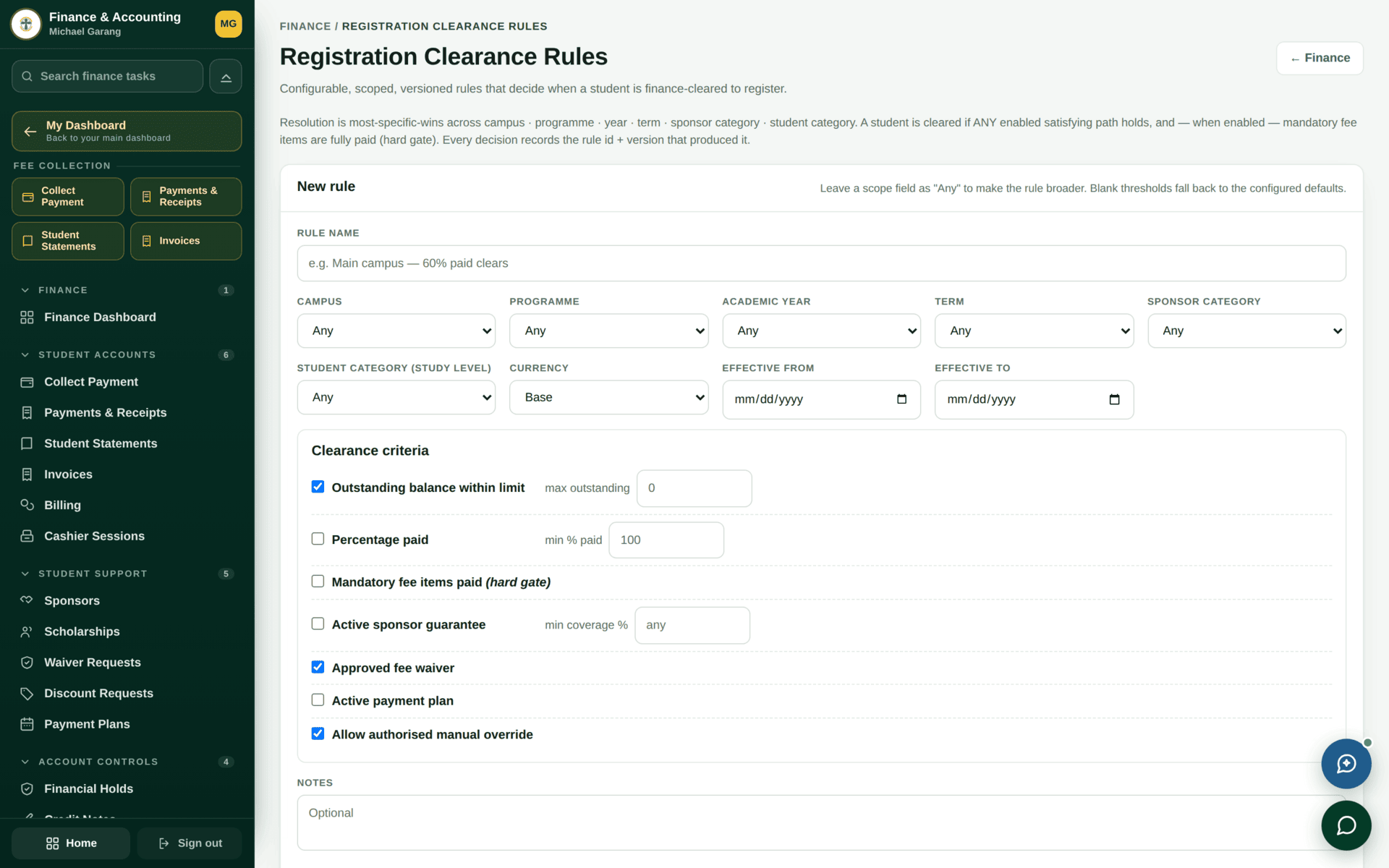 The Clearance Rules screen with thresholds controlling what an outstanding balance blocks.