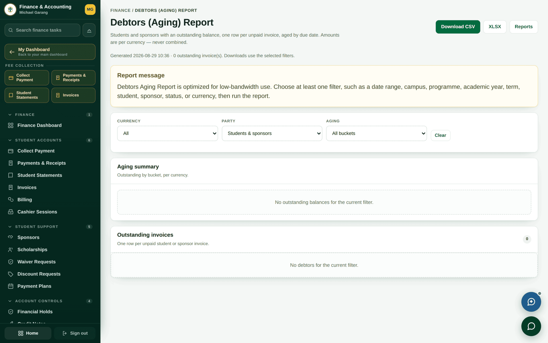 The Accounts Receivable / debtors report listing students with outstanding balances.