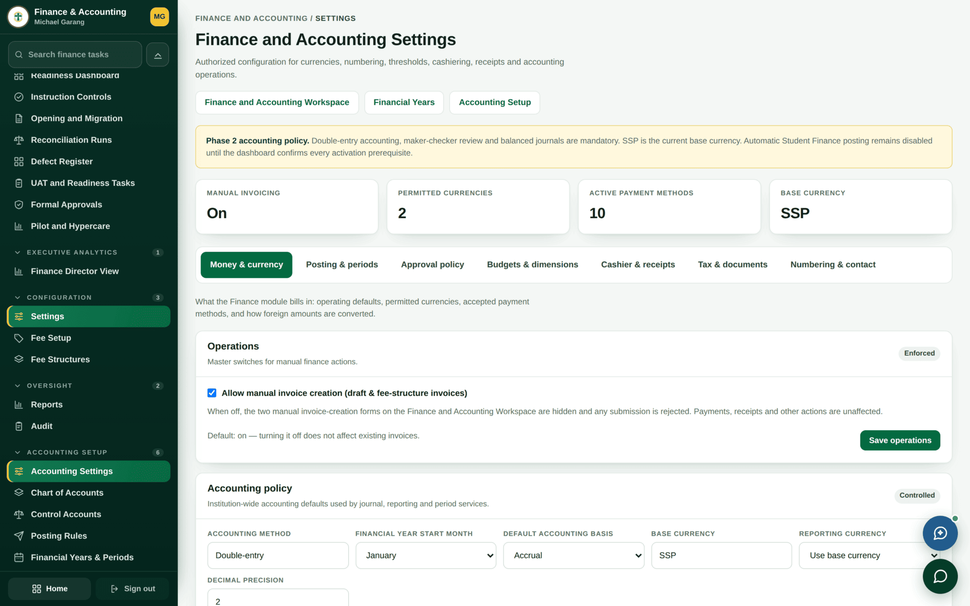 The Finance Settings screen with configuration for the finance module.