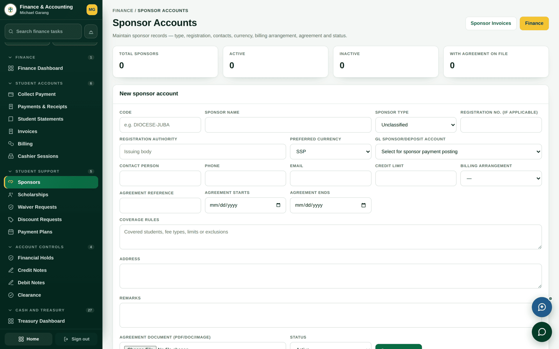 The Sponsors screen listing sponsor accounts with their balances and allocations.