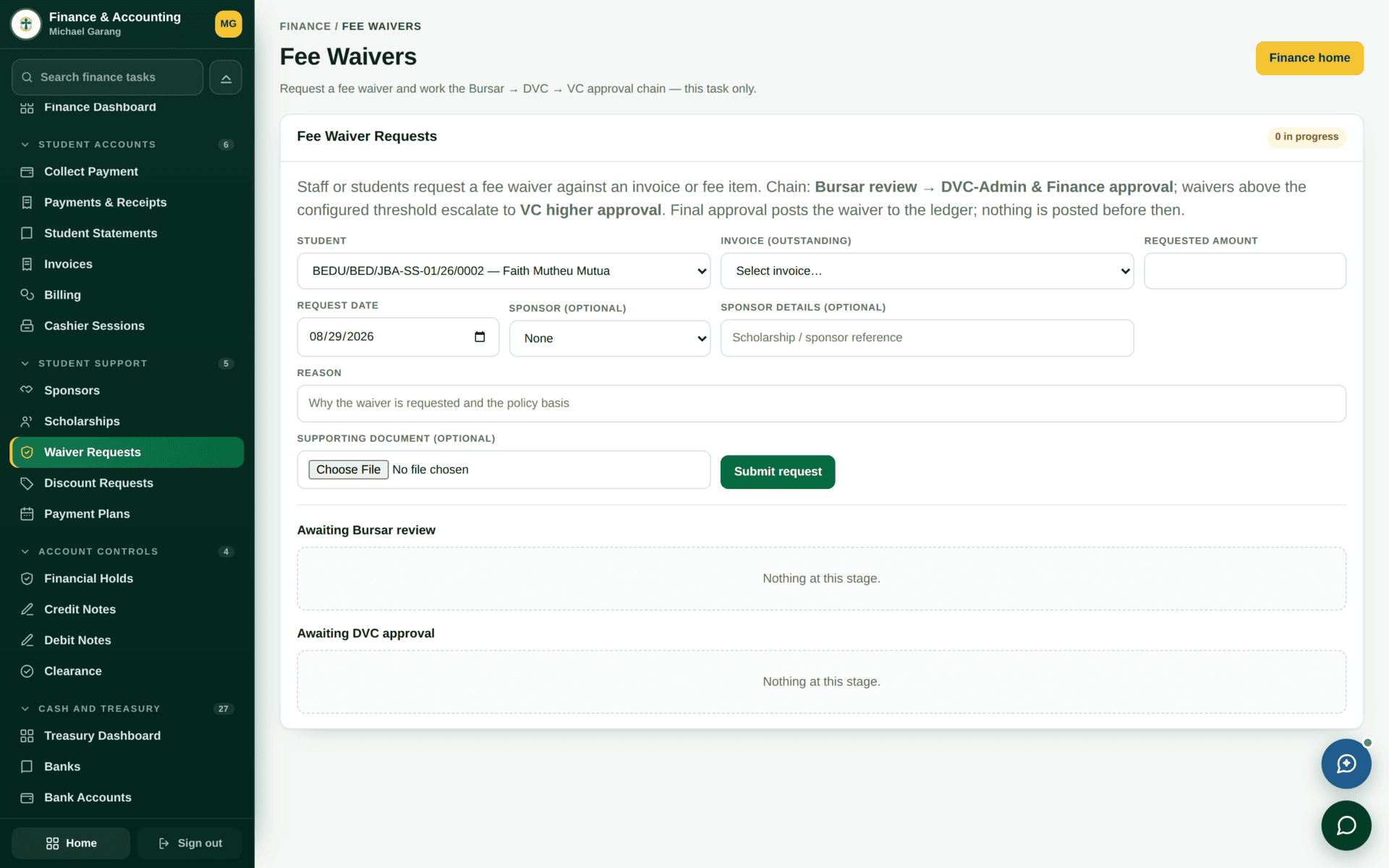 The Fee Waivers screen listing waiver requests, the amount requested, the student and the approval stage.
