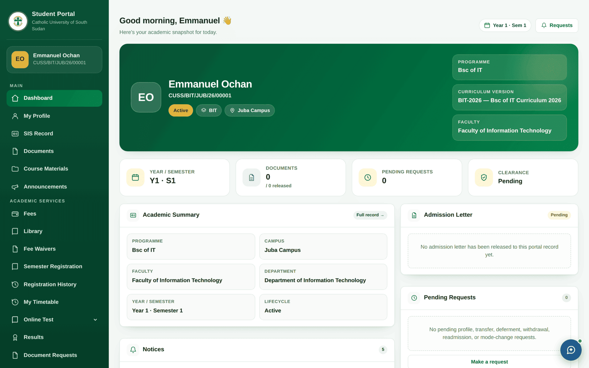 The student portal dashboard for Emmanuel Ochan: an identity banner with programme, curriculum version and faculty; tiles for year and semester, documents, pending requests and clearance; an Academic Summary panel; an Admission Letter panel; a Pending Requests panel; and a Notices panel.