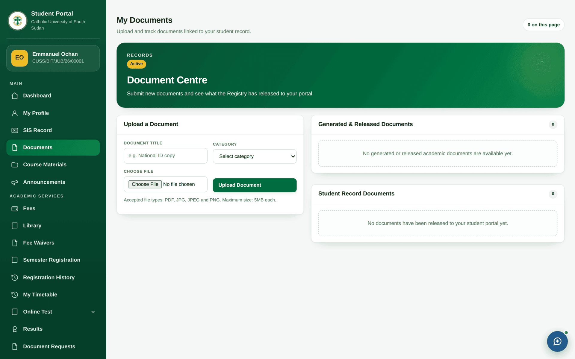 The student Documents page listing documents held and released, with download buttons.