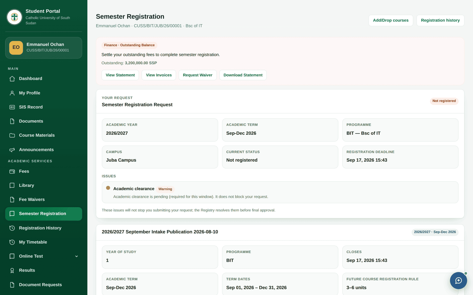 The student Semester Registration page showing the open window, the courses available for the student's curriculum and the submit control.