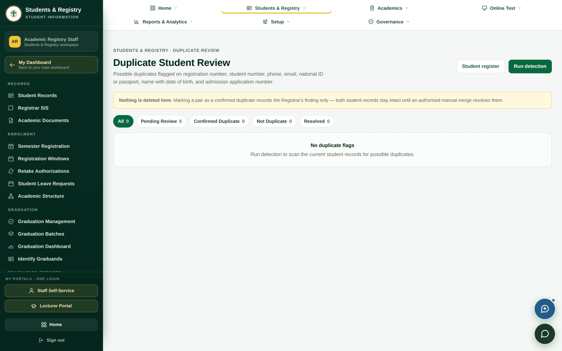 The Duplicate Review screen listing pairs of student records flagged as possible duplicates with actions to merge or dismiss.