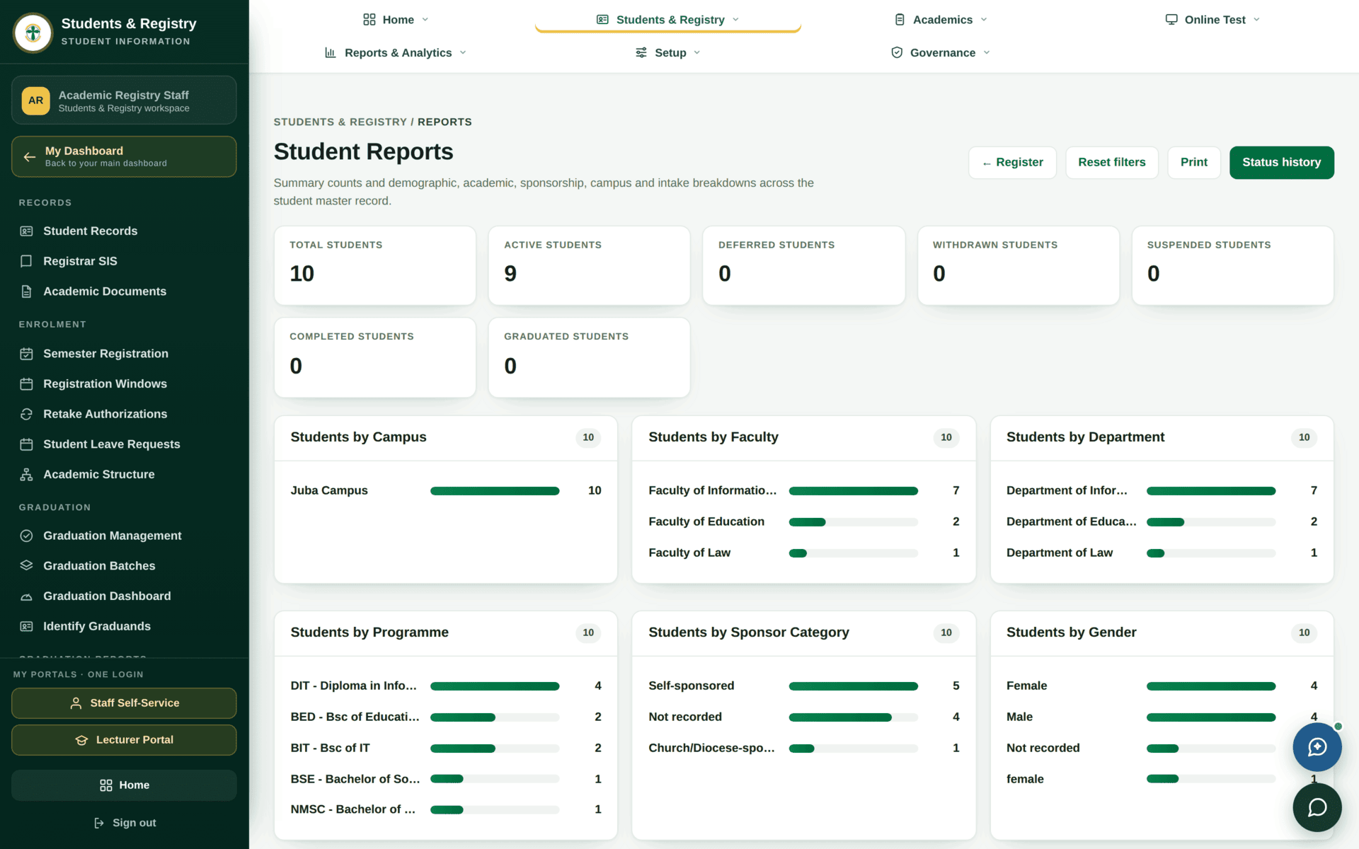 The SIS Reports screen with report types and export options.