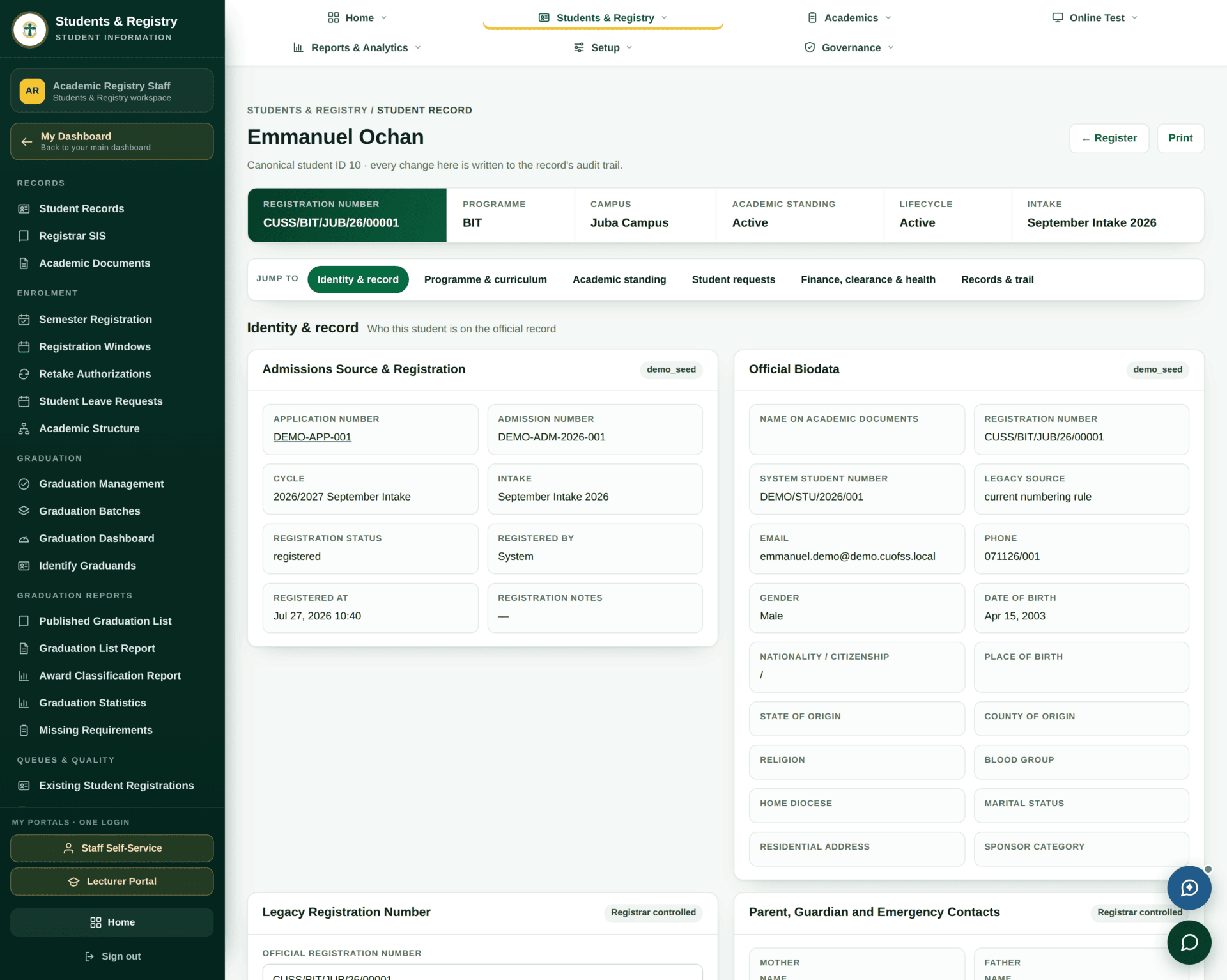 An individual student record showing biodata, programme, campus, curriculum version, standing and the tabs for documents and history.