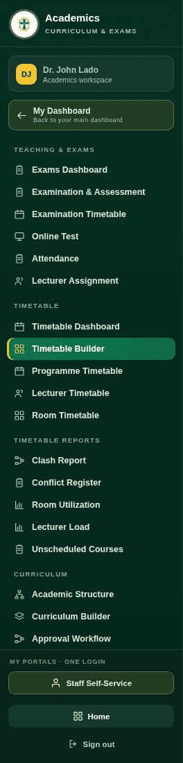 Academics sidebar showing the Timetable group: Dashboard, Builder, Programme Timetable, Lecturer Timetable, Room Timetable.