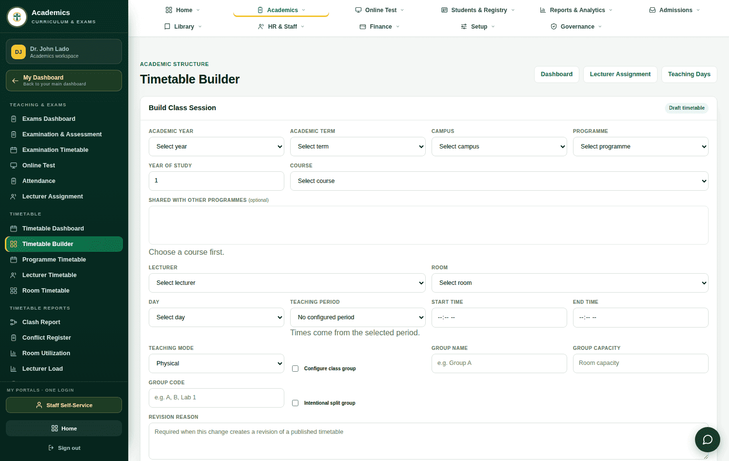 The Timetable Builder screen as it first opens, with an empty Build Class Session form.