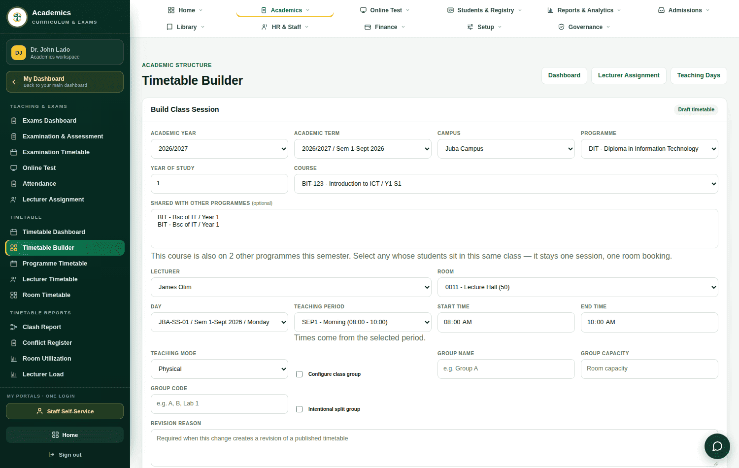 The complete Build Class Session form filled in and ready to submit.