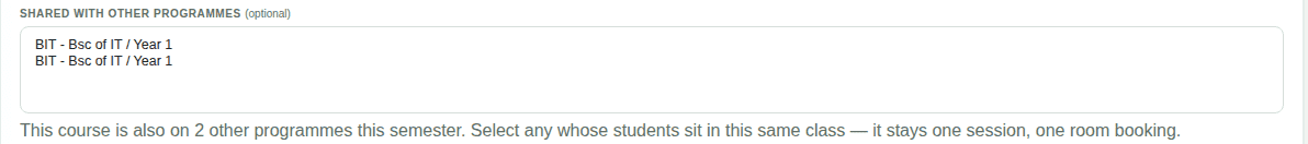 Shared with other programmes list showing two other programmes offering the same course, with an explanatory hint below.