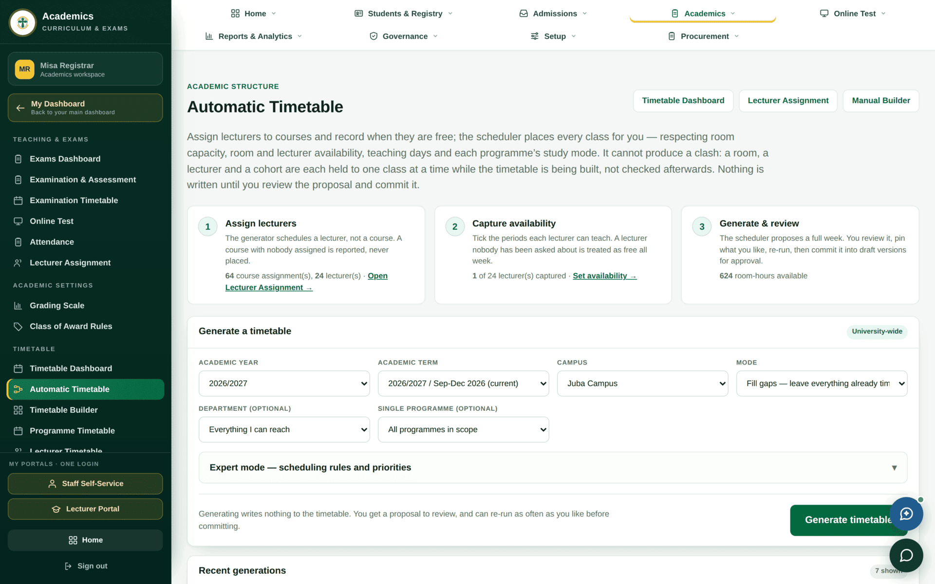 The Automatic Timetable screen with generation options and a run history.