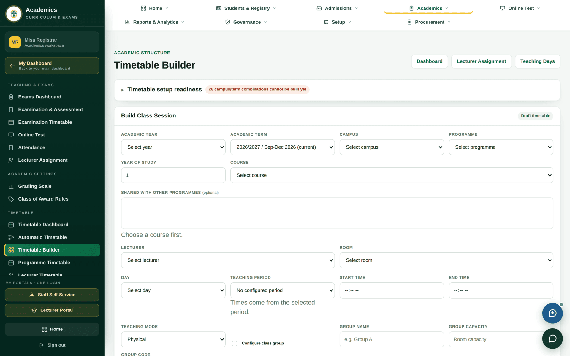 The Timetable Builder screen with the Build Class Session form: context row for year, term, campus, programme, year of study and course, then day, period, room and lecturer.