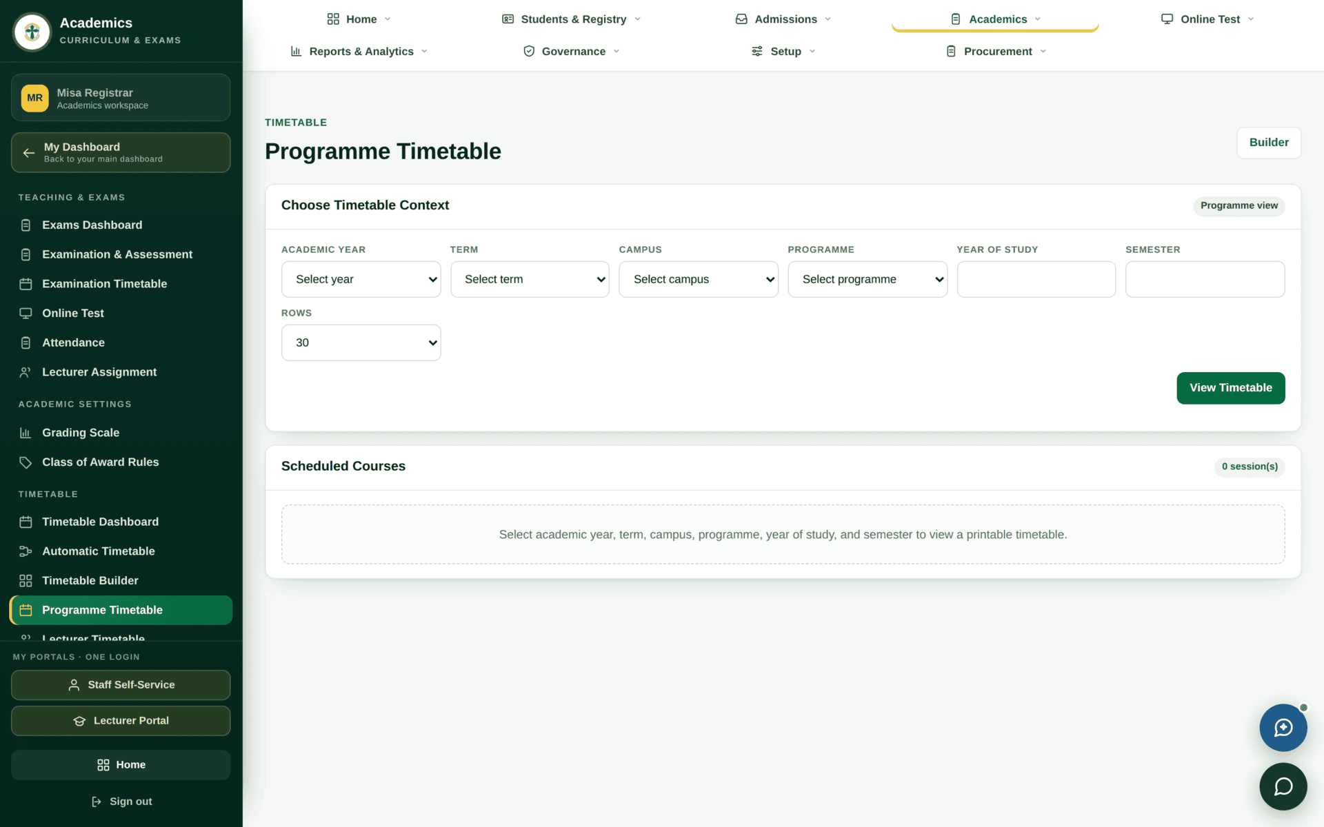 The Programme Timetable view showing a week grid of sessions for one programme and year.