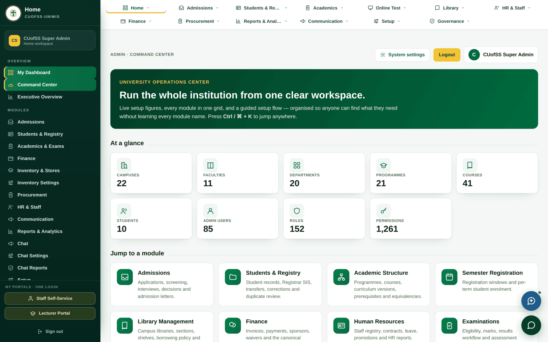 The Command Center screen showing live institutional totals, readiness indicators and shortcuts into each module.